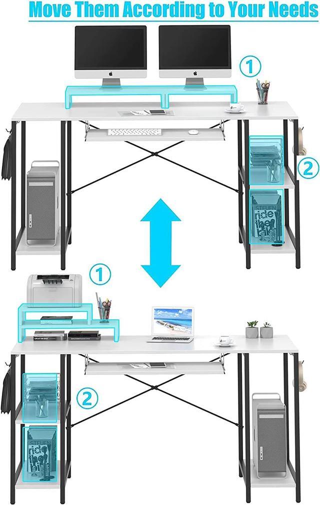 Alt view image 5 of 7 - White Desk with Keyboard Tray, 55 INCH Desk with Storage Shelves Modern Computer Desks for Home Office Study Desk with Monitor Shelf Industrial PC Desk Studio Desk with Iron Hooks