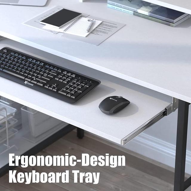 Alt view image 4 of 7 - White Desk with Keyboard Tray, 55 INCH Desk with Storage Shelves Modern Computer Desks for Home Office Study Desk with Monitor Shelf Industrial PC Desk Studio Desk with Iron Hooks