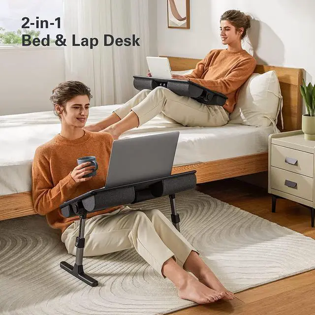 Alt view image 2 of 7 - Laptop Bed Desk, Laptop Tray Computer Lap Desk for Bed Couch Sofa Floor, Bed Tray for Working, Eating, Foldable Laptop Table Bed Table with Height Adjustment & 35° Adjustable Tilt Angle
