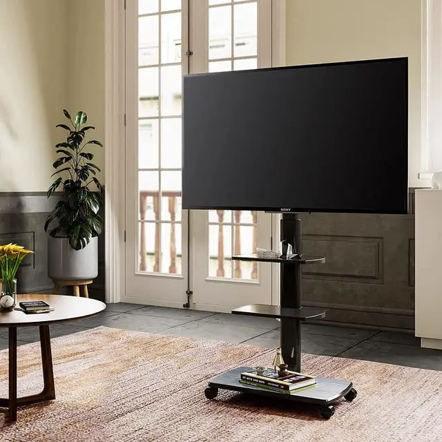 Alt view image 6 of 7 - Rolling TV Stand, Mobile TV Cart on Wheels for 32 - 65 70 Inch Flat Screen TVs, Tall TV Floor Stand with Swivel Mount, Corner TV Stands for Bedroom, Outdoor, Home Office, Small Dorm, Black