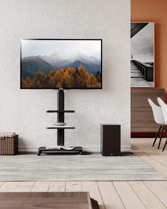 Alt view image 2 of 7 - Rolling TV Stand, Mobile TV Cart on Wheels for 32 - 65 70 Inch Flat Screen TVs, Tall TV Floor Stand with Swivel Mount, Corner TV Stands for Bedroom, Outdoor, Home Office, Small Dorm, Black