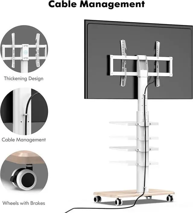 Alt view image 5 of 7 - Rolling TV Stand, Mobile TV Cart on Wheels for 32-65 70 Inch Flat Screen TVs, Tall Floor TV Stand with Swivel Mount, Corner TV Stands for Bedroom, Outdoor, Home Office,Small Dorm, White