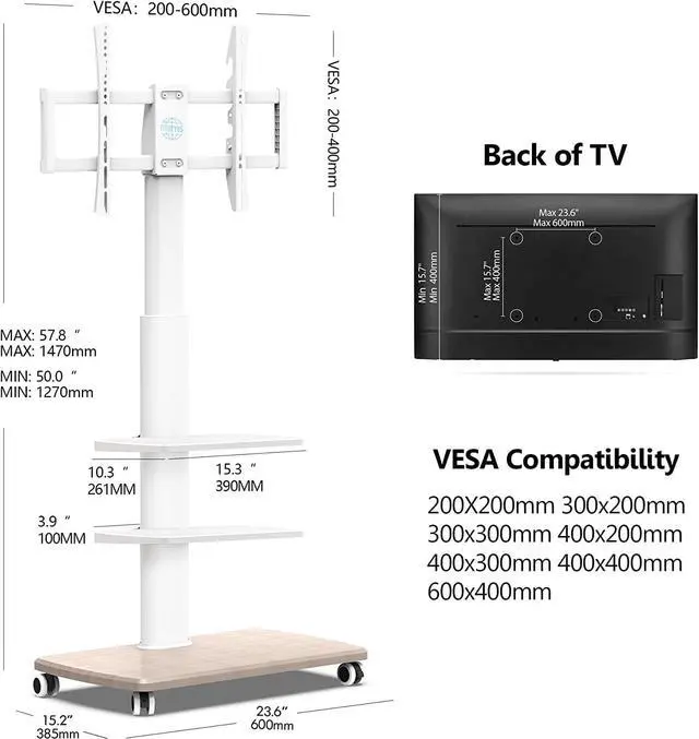 Alt view image 7 of 7 - Rolling TV Stand, Mobile TV Cart on Wheels for 32-65 70 Inch Flat Screen TVs, Tall Floor TV Stand with Swivel Mount, Corner TV Stands for Bedroom, Outdoor, Home Office,Small Dorm, White