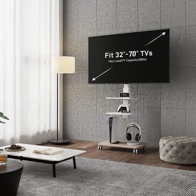 Alt view image 2 of 7 - Rolling TV Stand, Mobile TV Cart on Wheels for 32-65 70 Inch Flat Screen TVs, Tall Floor TV Stand with Swivel Mount, Corner TV Stands for Bedroom, Outdoor, Home Office,Small Dorm, White