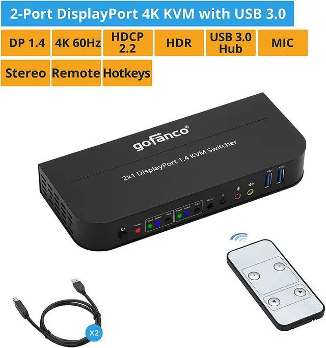 Alt view image 2 of 7 - 2 Port DisplayPort KVM Switch with USB 3.0  DisplayPort 1.4, 4K @60Hz 4:4:4, HDR, HDCP 2.2/1.4, USB Keyboard/Mouse, USB 3.0 Hub, MIC in, Stereo Out, IR Remote, Hotkeys