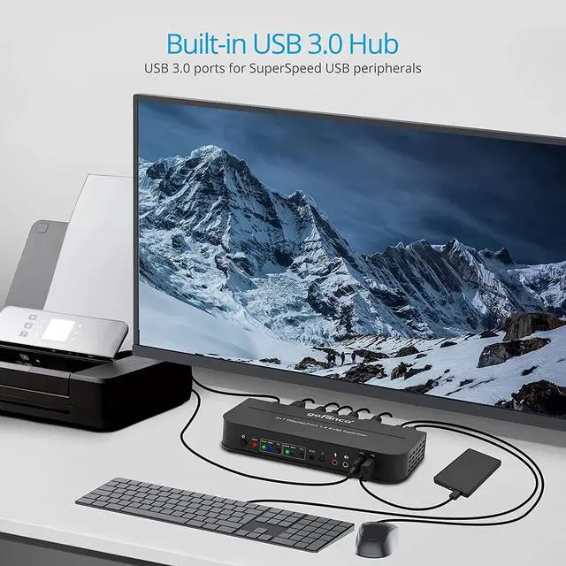 Alt view image 7 of 7 - 2 Port DisplayPort KVM Switch with USB 3.0  DisplayPort 1.4, 4K @60Hz 4:4:4, HDR, HDCP 2.2/1.4, USB Keyboard/Mouse, USB 3.0 Hub, MIC in, Stereo Out, IR Remote, Hotkeys