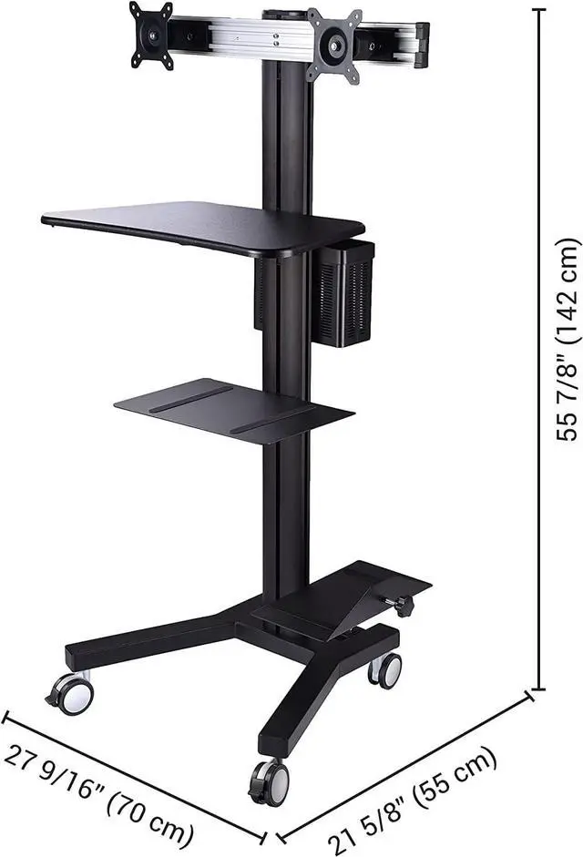 Alt view image 7 of 7 - Rolling PC Cart Mobile Computer Standing Workstation Moving Desktop Desk Cart with Adjustable Dual Monitor Mount Keyboard Tray Printer CPU Holder Wheels Black