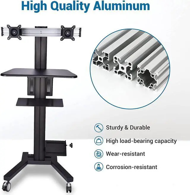 Alt view image 4 of 7 - Rolling PC Cart Mobile Computer Standing Workstation Moving Desktop Desk Cart with Adjustable Dual Monitor Mount Keyboard Tray Printer CPU Holder Wheels Black