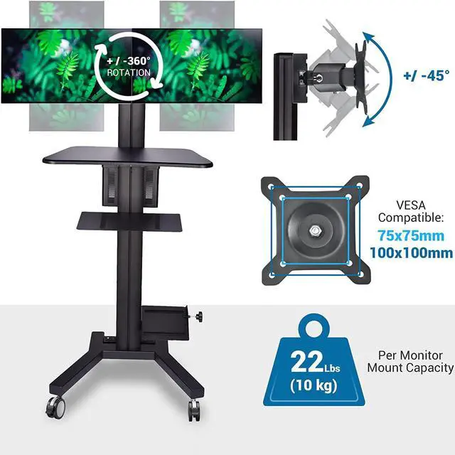 Alt view image 5 of 7 - Rolling PC Cart Mobile Computer Standing Workstation Moving Desktop Desk Cart with Adjustable Dual Monitor Mount Keyboard Tray Printer CPU Holder Wheels Black