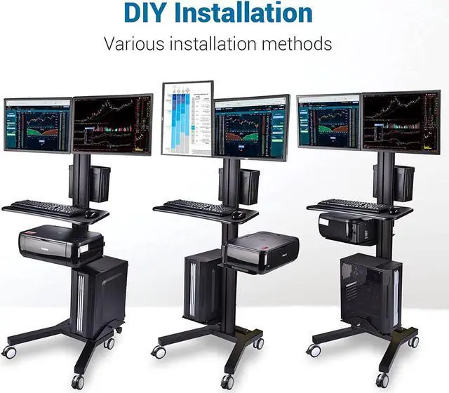 Alt view image 2 of 7 - Rolling PC Cart Mobile Computer Standing Workstation Moving Desktop Desk Cart with Adjustable Dual Monitor Mount Keyboard Tray Printer CPU Holder Wheels Black