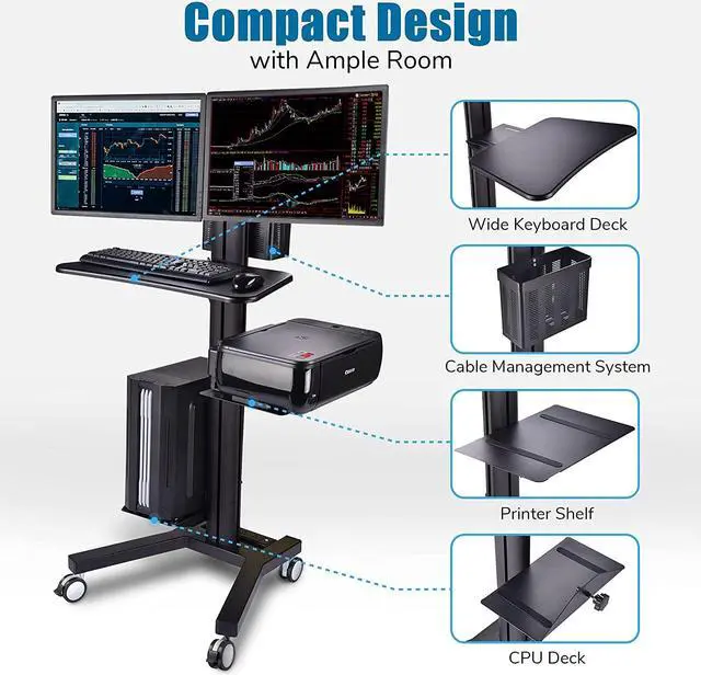 Alt view image 3 of 7 - Rolling PC Cart Mobile Computer Standing Workstation Moving Desktop Desk Cart with Adjustable Dual Monitor Mount Keyboard Tray Printer CPU Holder Wheels Black