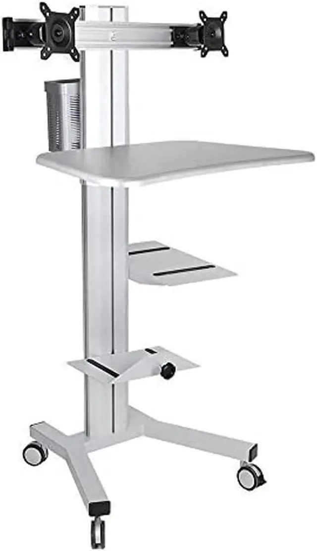 Alt view image 2 of 2 - Rolling PC Cart Mobile Computer Standing Workstation Moving Desktop Desk Cart with Adjustable Dual Monitor Mount Keyboard Tray Printer CPU Holder Wheels Silver