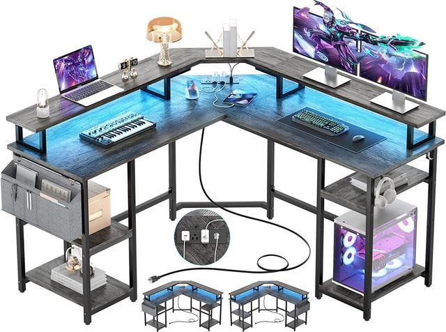 L Shaped Gaming Desk with Power Outlets & LED Lights, L- Shaped Desk  Computer Corner Desk
