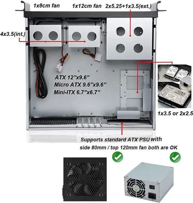 Alt view image 4 of 6 - 3u Rackmount Server Chassis 2x5.25+1x3.5 Front Bays ATX/mATX/Mini-itx Support Standard ATX PSU with Side 80mm or top 120mm Fan
