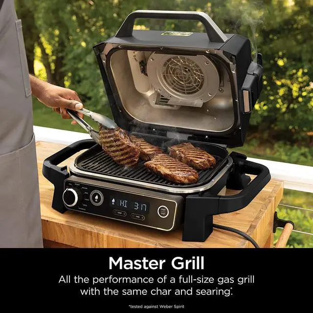Alt view image 6 of 7 - Ninja Woodfire Outdoor Grill & Smoker, 7-in-1 Master Grill, BBQ Smoker, & Air Fryer plus Bake, Roast, Dehydrate, & Broil, uses Ninja Woodfire Pellets, Weather-Resistant, Portable, Electric, Grey