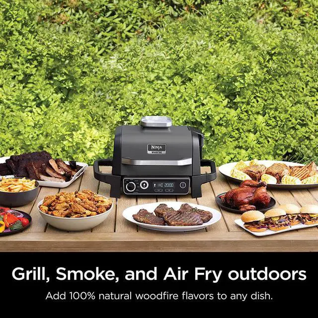 Alt view image 2 of 7 - Ninja Woodfire Outdoor Grill & Smoker, 7-in-1 Master Grill, BBQ Smoker, & Air Fryer plus Bake, Roast, Dehydrate, & Broil, uses Ninja Woodfire Pellets, Weather-Resistant, Portable, Electric, Grey