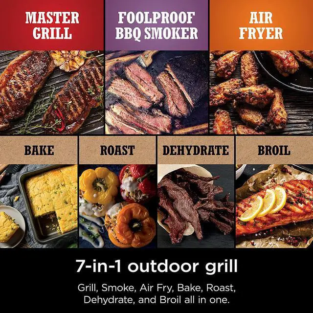 Alt view image 5 of 7 - Ninja Woodfire Outdoor Grill & Smoker, 7-in-1 Master Grill, BBQ Smoker, & Air Fryer plus Bake, Roast, Dehydrate, & Broil, uses Ninja Woodfire Pellets, Weather-Resistant, Portable, Electric, Grey