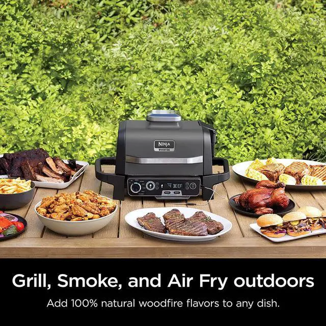Alt view image 2 of 7 - Ninja Woodfire Pro Outdoor Grill & Smoker with Built-In Thermometer, 7-in-1 Master Grill, BBQ Smoker, Air Fryer, Bake, Roast, Dehydrate, Broil, Ninja Woodfire Pellets, Portable, Electric, Grey