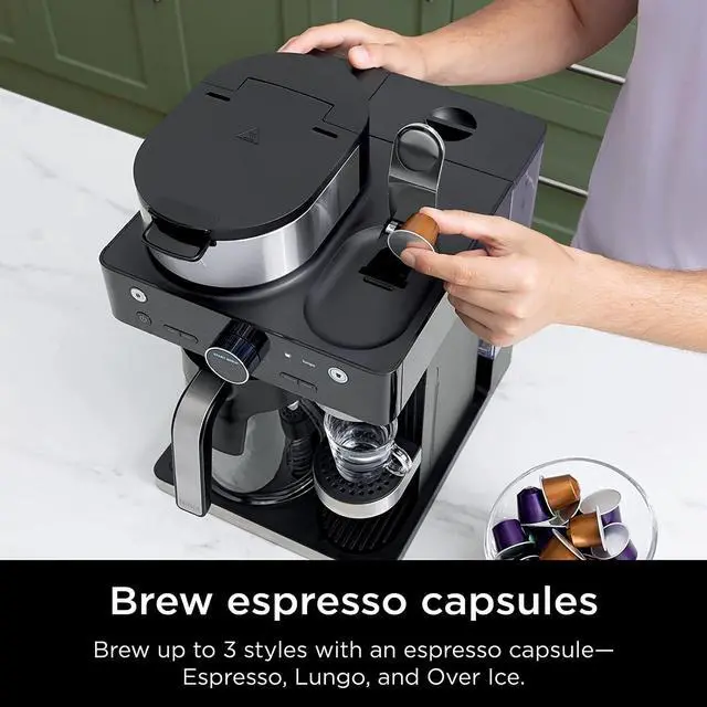 Alt view image 3 of 7 - Ninja Espresso & Coffee Barista System, Single-Serve Coffee & Nespresso Capsule Compatible, 12-Cup Carafe, Built-in Frother, Espresso, Cappuccino & Latte Maker, Black & Stainless Steel