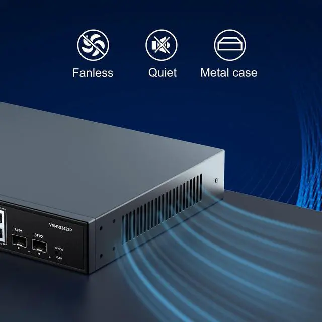 Alt view image 6 of 6 - 24 Port Gigabit PoE Switch Unmanaged with 2 Uplink Gigabit Ports 2 SFP, 320W High Power, Support IEEE802.3af/at, Vlan, Rackmount 28 Port Network Power Over Ethernet Switch