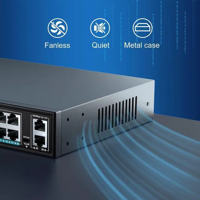 Alt view image 6 of 6 - 24 Port Gigabit PoE Switch Unmanaged with 2 Uplink Gigabit Ports, 320W High Power, Support IEEE802.3af/at,Vlan, Rackmount. 26 Port Network Power Over Ethernet Switch.