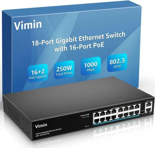 Main image of 16 Port Gigabit PoE Switch Unmanaged with 2 Uplink Gigabit Ports, 250W High Power, Support IEEE802.3af/at, Vlan, Rackmount. 18 Port Network Power Over Ethernet Switch.