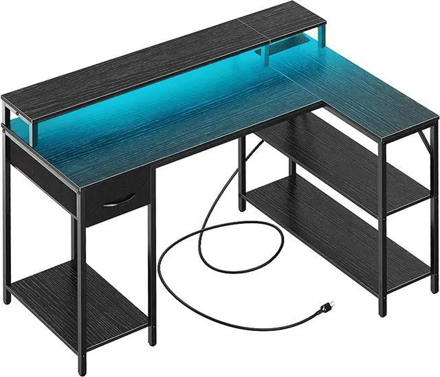 Main image of L Shaped Computer Desk with Power Outlets & LED Strips, Reversible Corner Desk with Monitor Stand & Storage Shelf, Home Office Desk Gaming Desk, Black