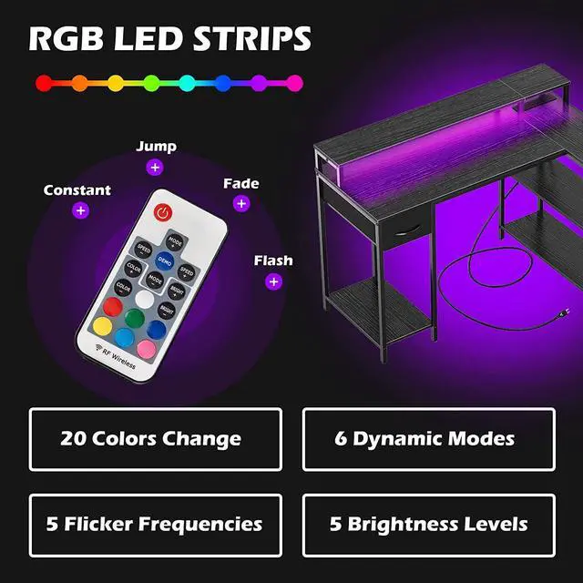 Alt view image 5 of 7 - L Shaped Computer Desk with Power Outlets & LED Strips, Reversible Corner Desk with Monitor Stand & Storage Shelf, Home Office Desk Gaming Desk, Black