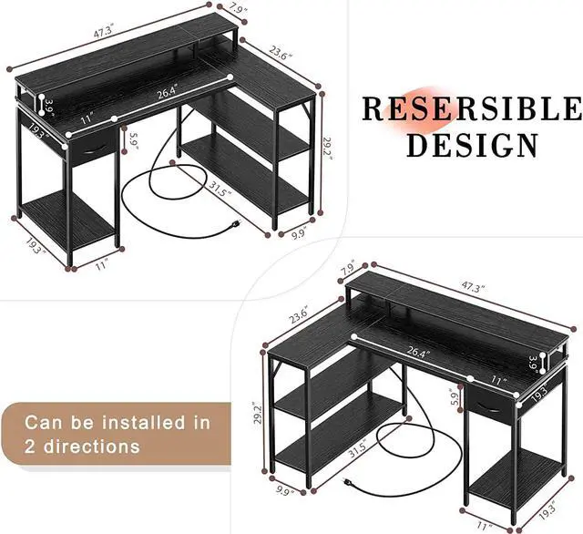 Alt view image 3 of 7 - L Shaped Computer Desk with Power Outlets & LED Strips, Reversible Corner Desk with Monitor Stand & Storage Shelf, Home Office Desk Gaming Desk, Black