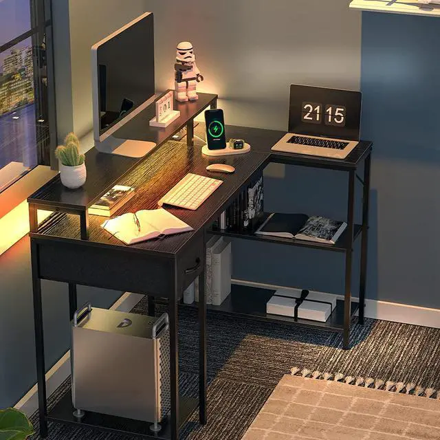 Alt view image 2 of 7 - L Shaped Computer Desk with Power Outlets & LED Strips, Reversible Corner Desk with Monitor Stand & Storage Shelf, Home Office Desk Gaming Desk, Black