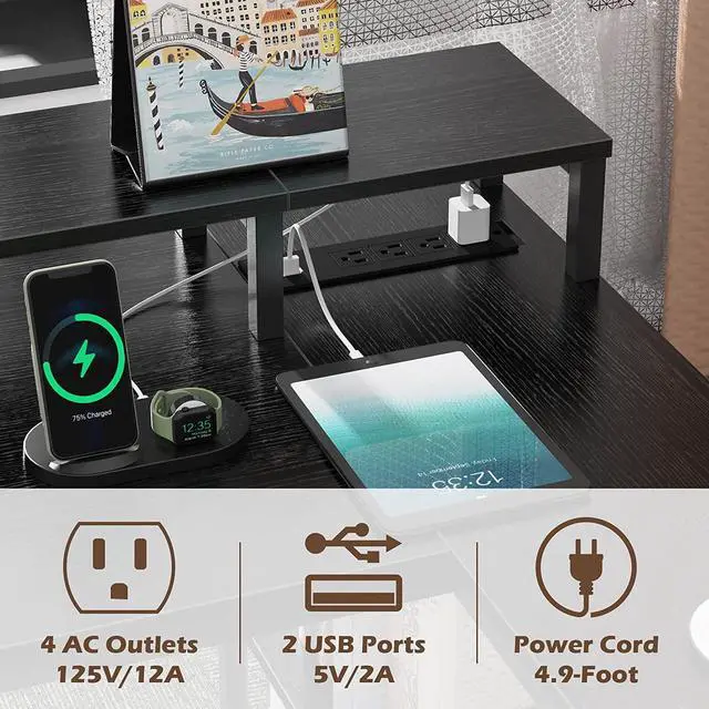 Alt view image 4 of 7 - L Shaped Computer Desk with Power Outlets & LED Strips, Reversible Corner Desk with Monitor Stand & Storage Shelf, Home Office Desk Gaming Desk, Black
