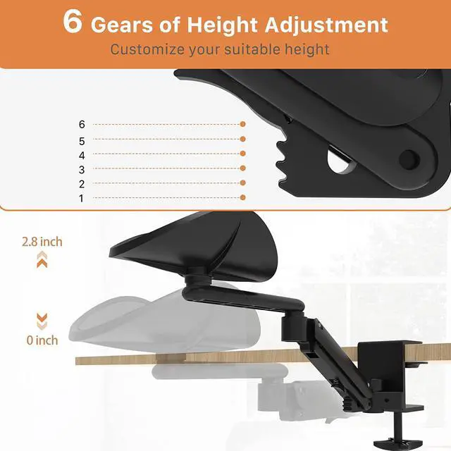 Alt view image 2 of 7 - Clamp-on Adjustable Armrest for Desk, Ergonomic 360°Rotating Elbow Cushion Pad with 6-Level Height, Above Desk Extension Platform Arm Support for Left/Right Hand, Black