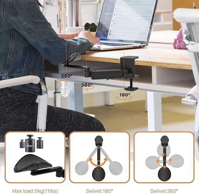 Alt view image 4 of 7 - Clamp-on Adjustable Armrest for Desk, Ergonomic 360°Rotating Elbow Cushion Pad with 6-Level Height, Above Desk Extension Platform Arm Support for Left/Right Hand, Black