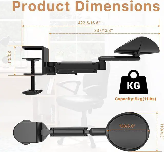 Alt view image 5 of 7 - Clamp-on Adjustable Armrest for Desk, Ergonomic 360°Rotating Elbow Cushion Pad with 6-Level Height, Above Desk Extension Platform Arm Support for Left/Right Hand, Black