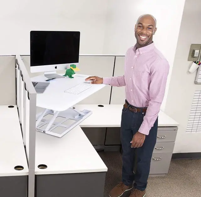 Alt view image 3 of 7 - X-Elite Pro | Premier Corner Standing Desk Converter | Extra Large 40 Inch Sit to Stand Desk | Fully Assembled | Height Adjustable Desk Converter for Cubicles and L-Shaped Desks (White)