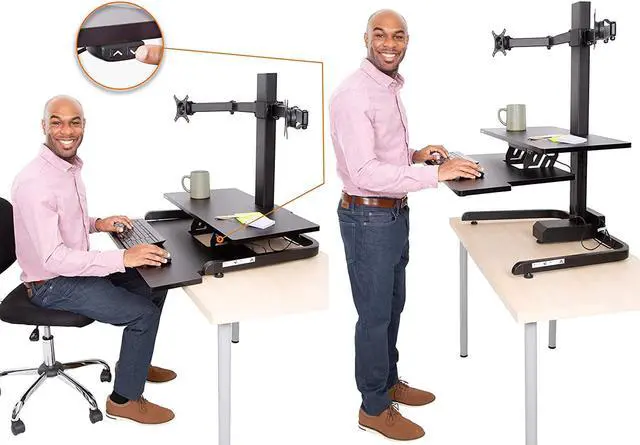 Alt view image 2 of 7 - Electric 2 Arm Monitor Mount Standing Desk | Stand Up Desk Converter with Keyboard Tray Supports 2 Screens | Easy & Quiet Sit to Stand with The Push of a Button! (Black)