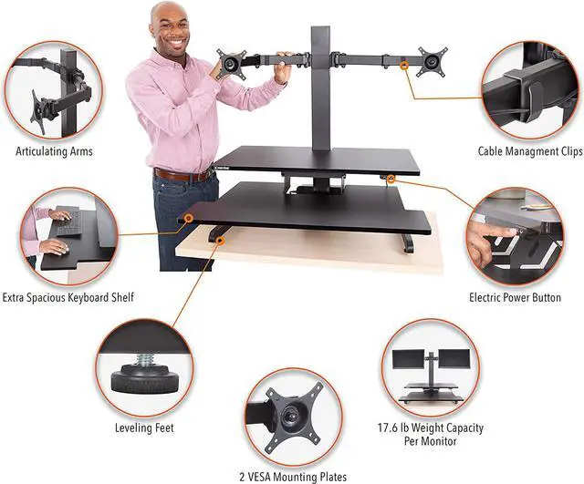Alt view image 3 of 7 - Electric 2 Arm Monitor Mount Standing Desk | Stand Up Desk Converter with Keyboard Tray Supports 2 Screens | Easy & Quiet Sit to Stand with The Push of a Button! (Black)