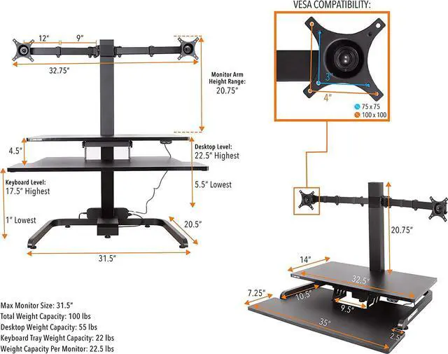 Alt view image 6 of 7 - Electric 2 Arm Monitor Mount Standing Desk | Stand Up Desk Converter with Keyboard Tray Supports 2 Screens | Easy & Quiet Sit to Stand with The Push of a Button! (Black)