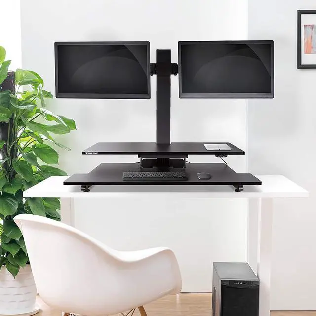 Alt view image 5 of 7 - Electric 2 Arm Monitor Mount Standing Desk | Stand Up Desk Converter with Keyboard Tray Supports 2 Screens | Easy & Quiet Sit to Stand with The Push of a Button! (Black)