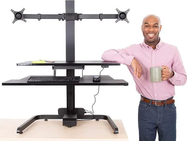 Alt view image 7 of 7 - Electric 2 Arm Monitor Mount Standing Desk | Stand Up Desk Converter with Keyboard Tray Supports 2 Screens | Easy & Quiet Sit to Stand with The Push of a Button! (Black)