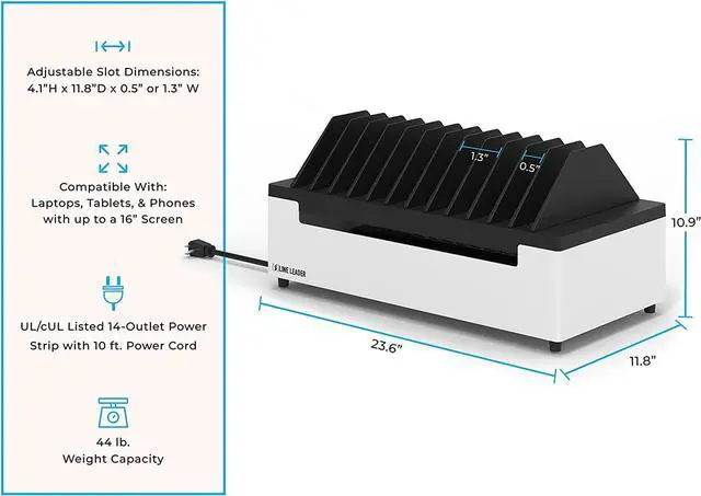 Alt view image 5 of 7 - Open Charging Station | Desktop Charger for 12 Laptops, Tablets & Chromebooks | Adjustable Ventilated Dividers & Surge Protection | Charging Cart for School, Office & More