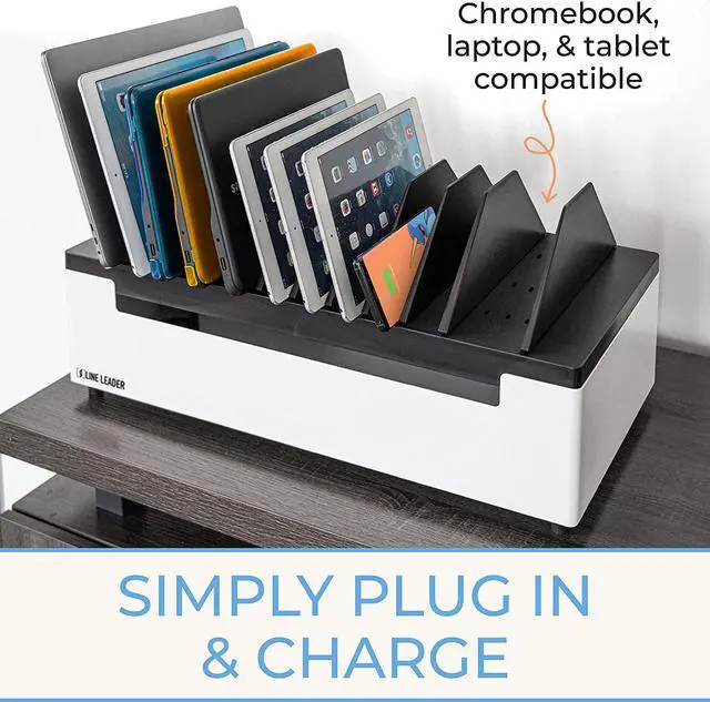 Alt view image 4 of 7 - Open Charging Station | Desktop Charger for 12 Laptops, Tablets & Chromebooks | Adjustable Ventilated Dividers & Surge Protection | Charging Cart for School, Office & More