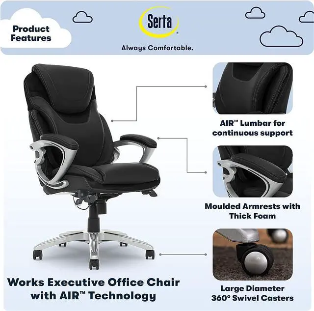 Alt view image 2 of 7 - Serta AIR Health and Wellness Executive Office Chair, High Back Big and Tall Ergonomic for Lumber Support Task Swivel, Bonded Leather, Black
