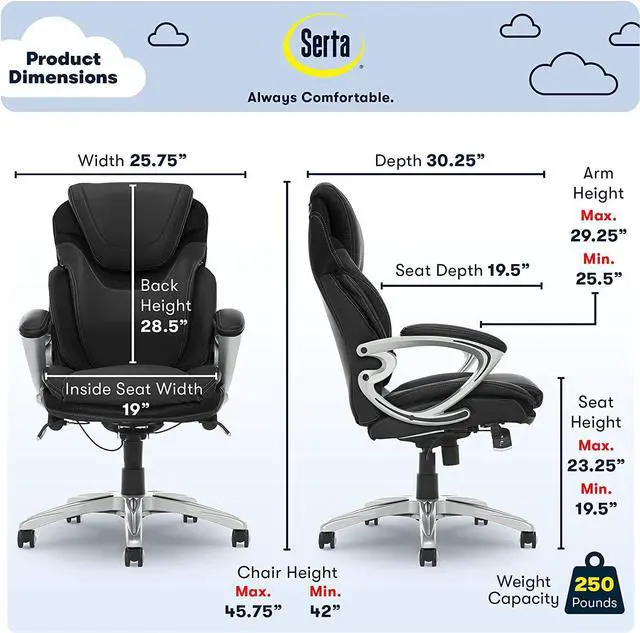 Alt view image 3 of 7 - Serta AIR Health and Wellness Executive Office Chair, High Back Big and Tall Ergonomic for Lumber Support Task Swivel, Bonded Leather, Black