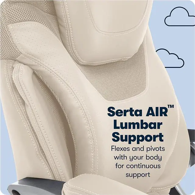 Alt view image 6 of 7 - Serta AIR Health and Wellness Executive Office Chair, High Back Big and Tall Ergonomic for Lumber Support Task Swivel, Bonded Leather, Cream