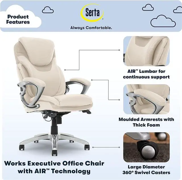 Alt view image 3 of 7 - Serta AIR Health and Wellness Executive Office Chair, High Back Big and Tall Ergonomic for Lumber Support Task Swivel, Bonded Leather, Cream