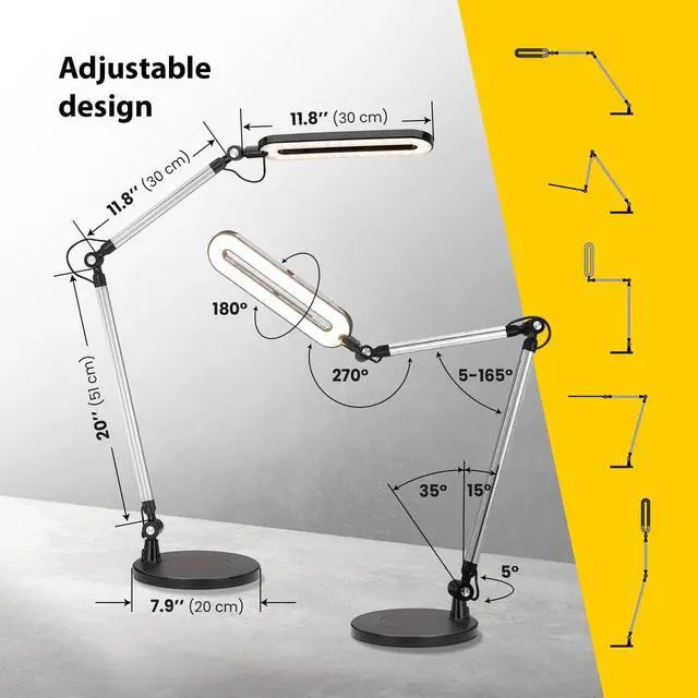 Alt view image 5 of 7 - 2in1 LED Desk Lamp for Home Office with Wireless Charger, Architect LED Desk Light for Study, Reading, Working, Adjustable Tall Swing Arm Table Light, Dimmable Brightness, 3 Color Modes