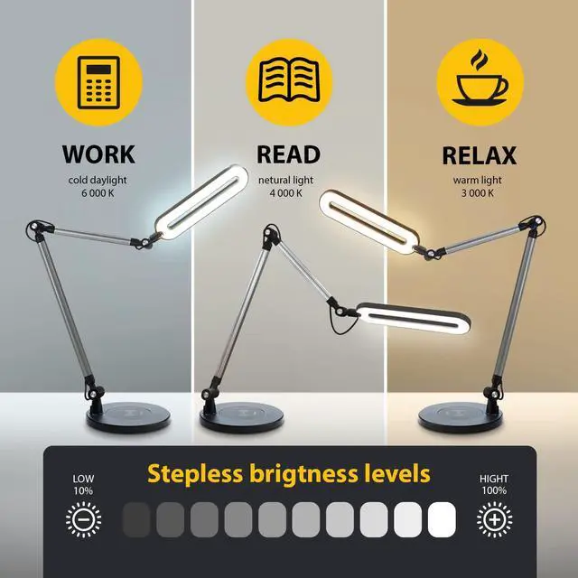Alt view image 2 of 7 - 2in1 LED Desk Lamp for Home Office with Wireless Charger, Architect LED Desk Light for Study, Reading, Working, Adjustable Tall Swing Arm Table Light, Dimmable Brightness, 3 Color Modes