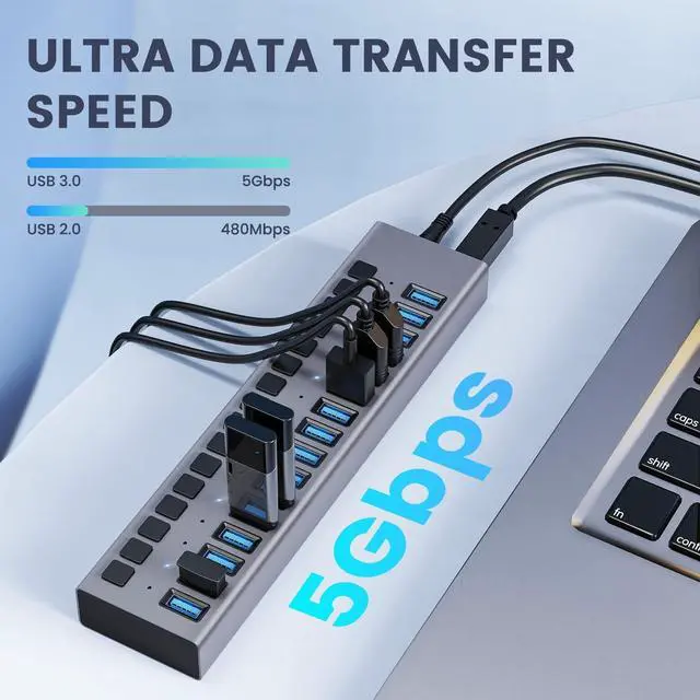 Alt view image 2 of 7 - Powered USB Hub - 16 Ports 90W USB 3.0 Data Hub, Individual On/Off Switches, 12V/7.5A Power Adapter, 5Gbps High Speed, USB 3.0 Splitter for Laptop, PC, Computer, Mobile HDD, Flash Drive