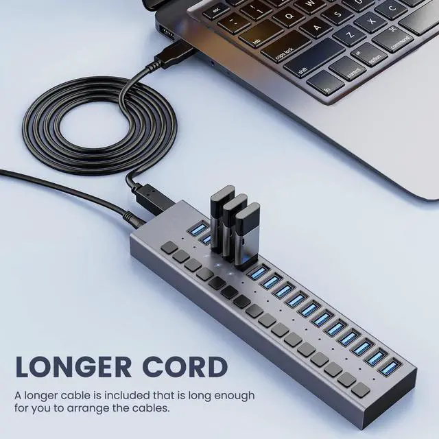 Alt view image 7 of 7 - Powered USB Hub - 16 Ports 90W USB 3.0 Data Hub, Individual On/Off Switches, 12V/7.5A Power Adapter, 5Gbps High Speed, USB 3.0 Splitter for Laptop, PC, Computer, Mobile HDD, Flash Drive